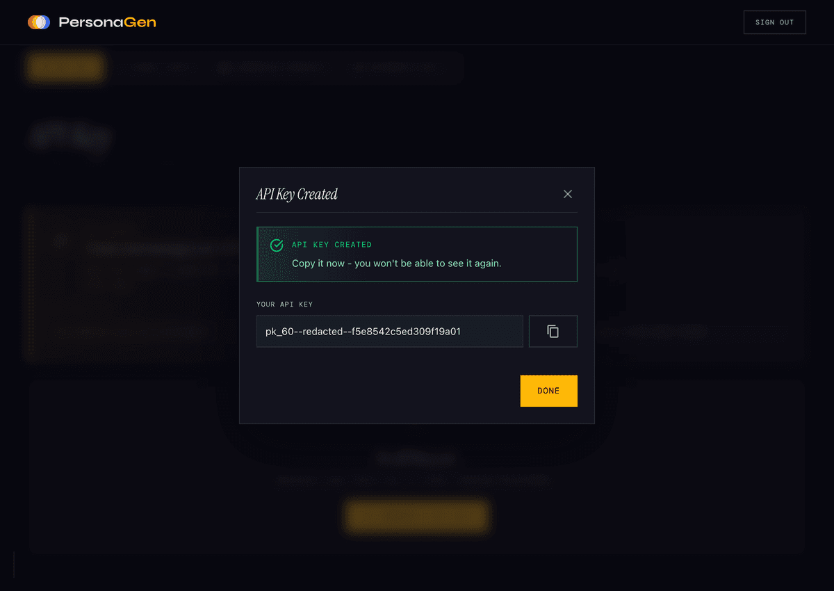 API Key created successfully - copy it now as you won't see it again